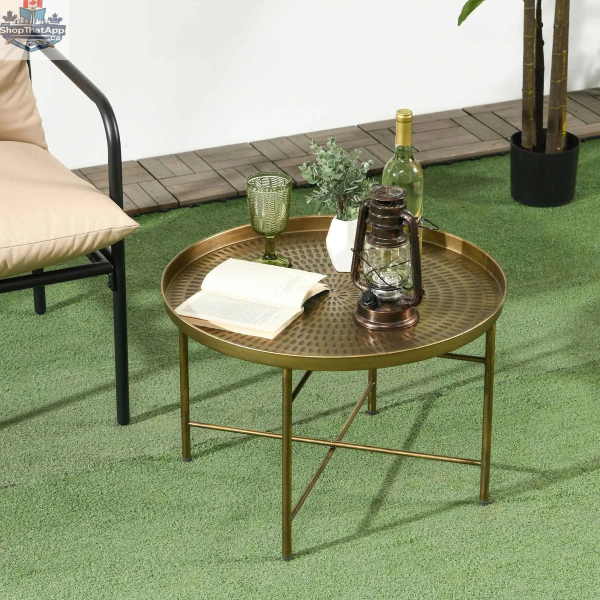 Dessie 24-inch vintage coffee table with gold hammered tray top, metal frame, and rustic furniture design by SLOTH Nation.