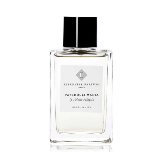 Essential Parfums Patchouli Mania EDP perfume bottle from Onlyblooms Import Inc., 100 ml, with a sleek glass design and floral accents.