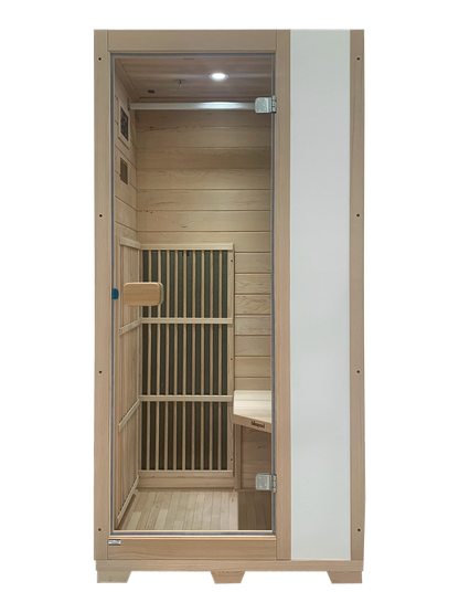 Zoppinh Blisspod Vienna Far Infrared Sauna for one in Canadian Hemlock, showing the compact, wooden interior and door with glass panel.