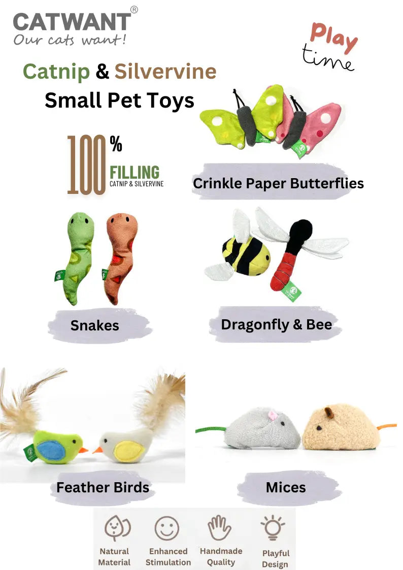CATWANT catnip and silvervine small pet toys, colorful and plush, designed for playful cats and small pets.