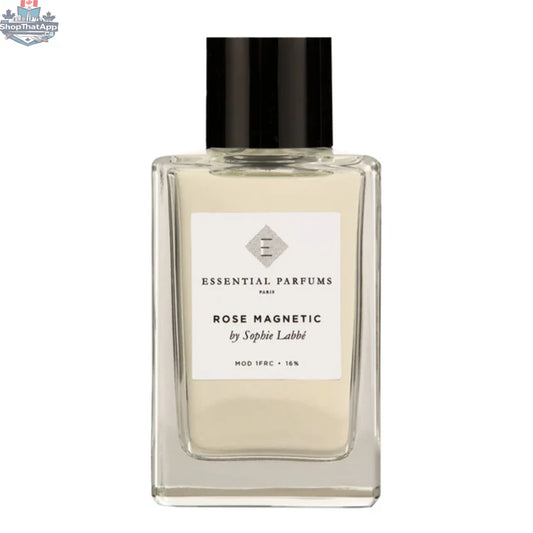 Essential Parfums Rose Magnetic EDP perfume bottle with 100 ml capacity, featuring a sleek design and floral rose accents.