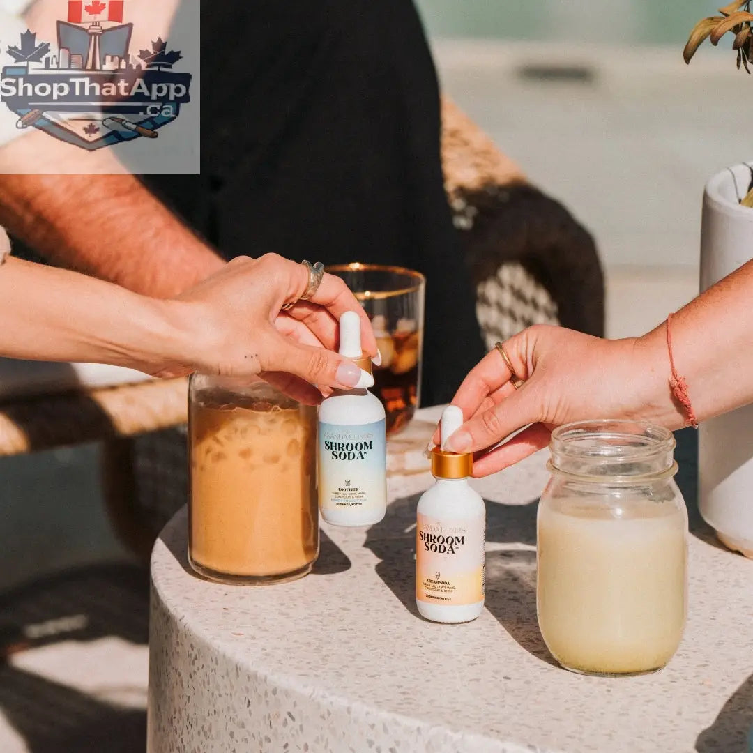 Ananda Elixirs Shroom Soda® tincture bottle with label, featuring a natural herbal design for functional mushroom supplement.