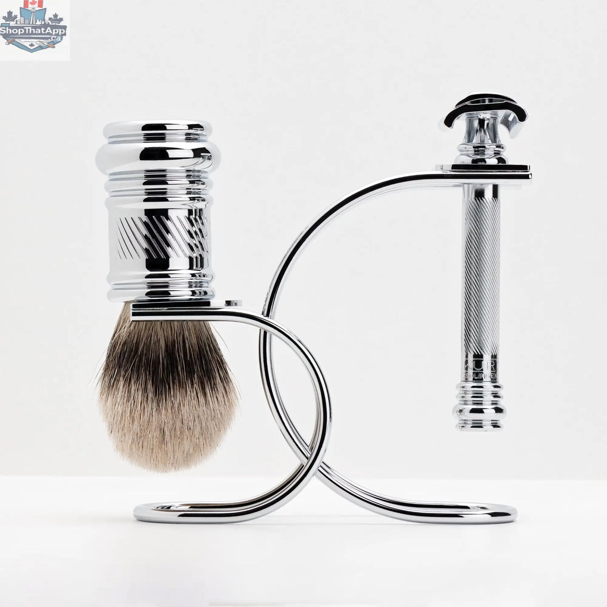 Merkur Shaving Set with MK-39001 Razor, Silver Tip Badger Brush and Curved 3-piece Stand, Chrome - Shopthatapp.ca