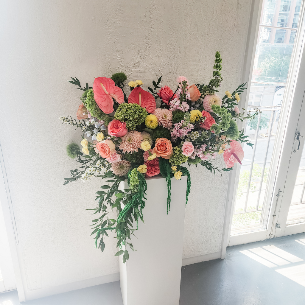 Whimsical Garden Flower Installation – Luxe Seasonal Blooms, 36 x 24 in, Perfect for Weddings & Events