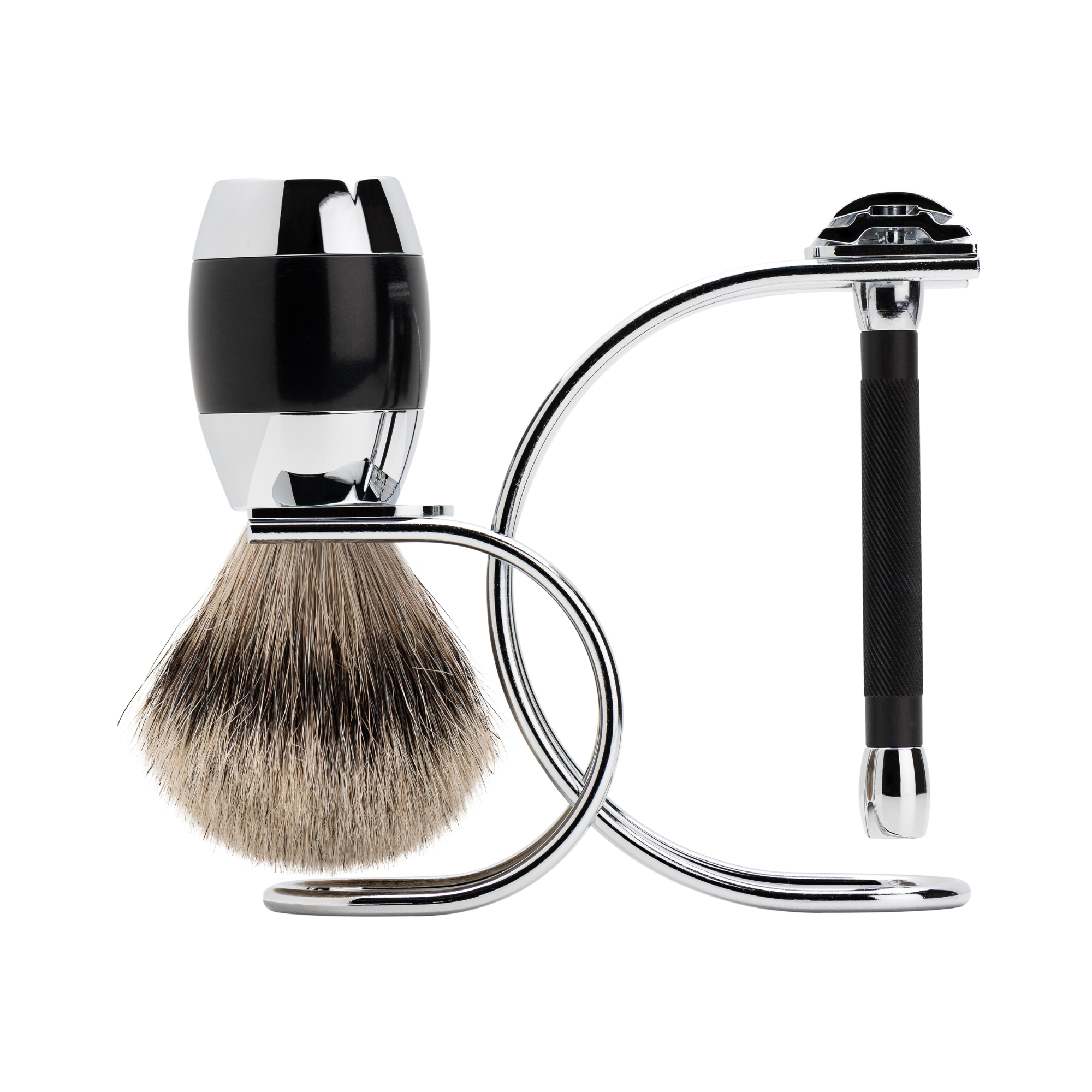 Merkur 3081 Shaving Set - 3pcs Twin Color Black with Bright Chrome Finish