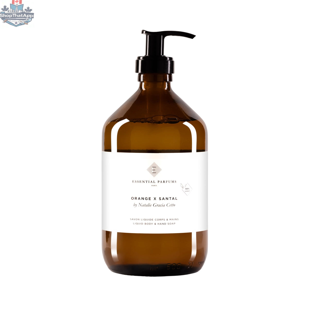 Essential Parfums Orange X Santal soap bottle from Onlyblooms Import Inc., 500 ml hand and body soap with orange and sandalwood scent.
