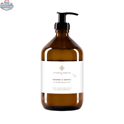 Essential Parfums Orange X Santal soap bottle from Onlyblooms Import Inc., 500 ml hand and body soap with orange and sandalwood scent.