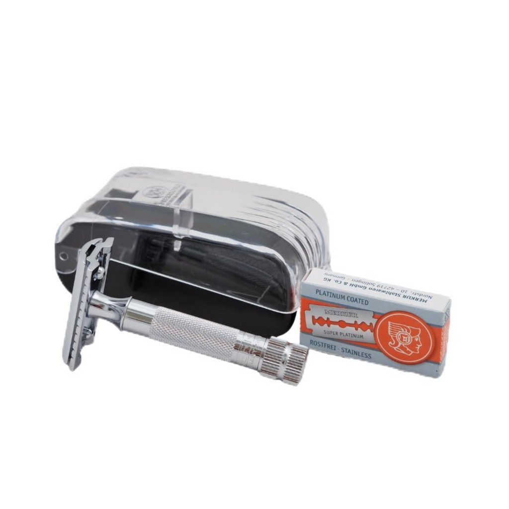 Merkur 34C Safety Razor with Knurled Extra Thick Handle in Chrome - 2-Piece DE Razor Case with 10 Blades