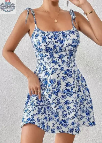 Floral Print Dress Summer Sweet A- Line Waist Trimming Dresses Women's Slimming Casual Clothing - Shopthatapp.ca