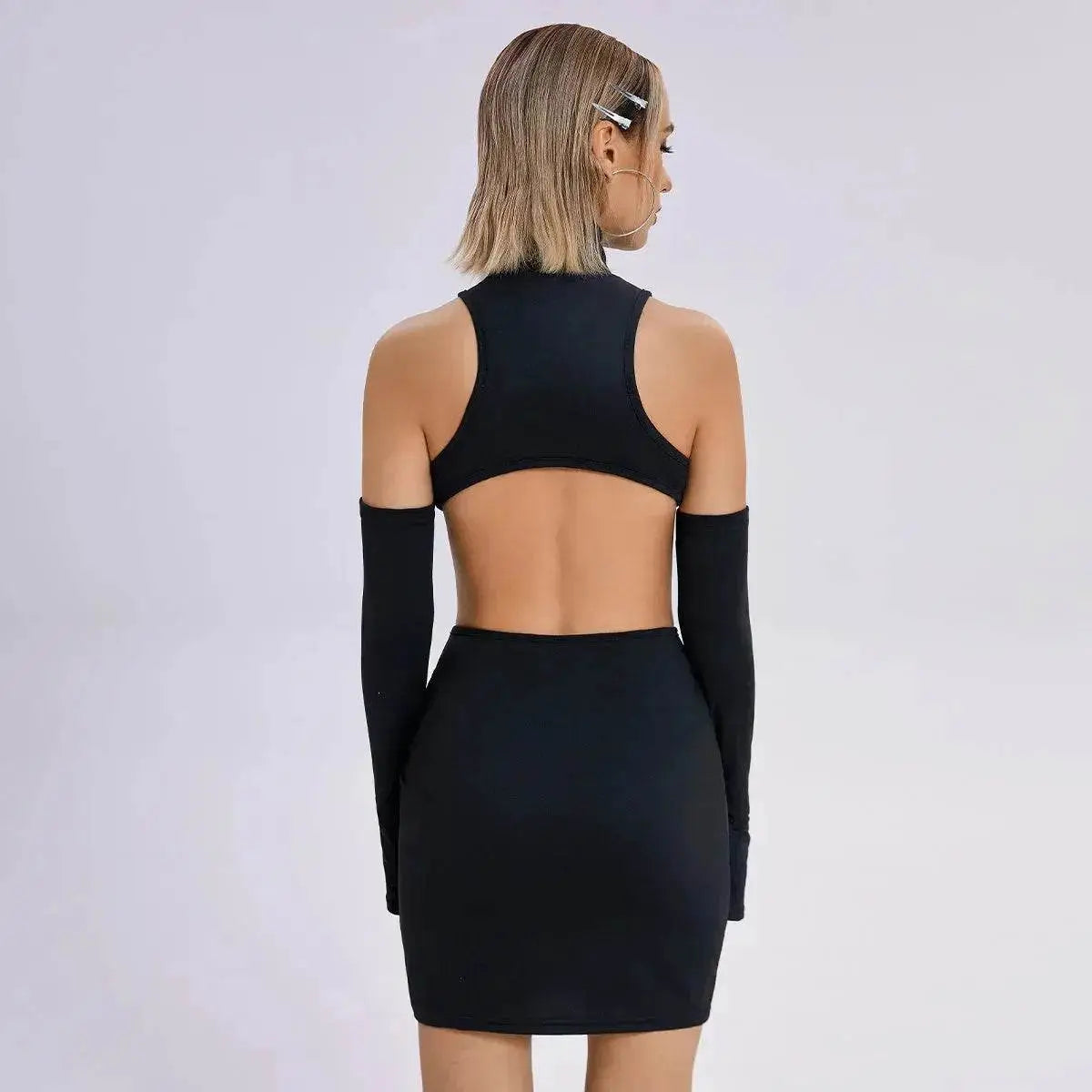 Black Y2K fashion mini dress by EX-STOCK Canada, slim bodycon fit, short party night dress with stylish design.
