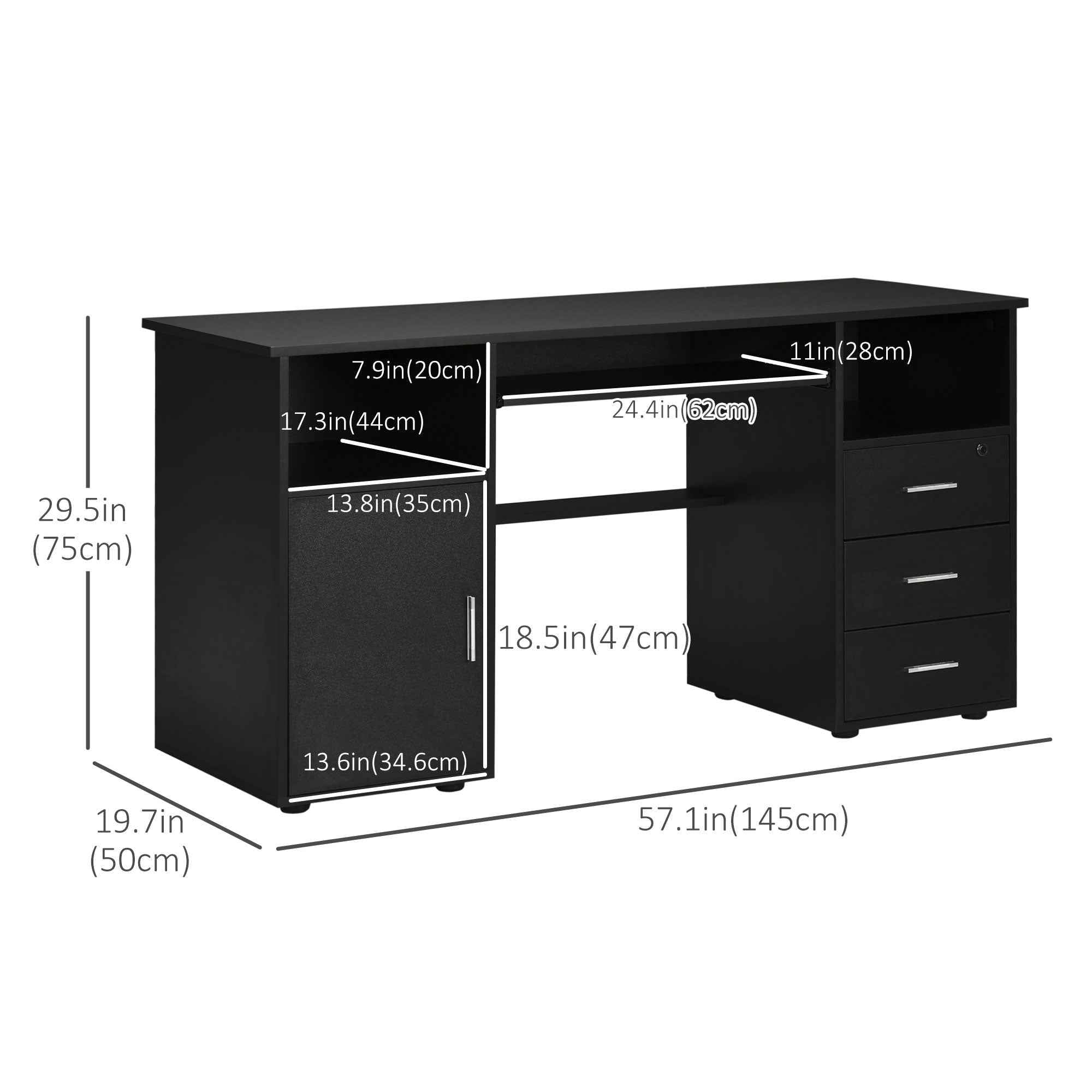 Bloom 57" Computer Desk with Keyboard Tray and Storage Drawers-Black