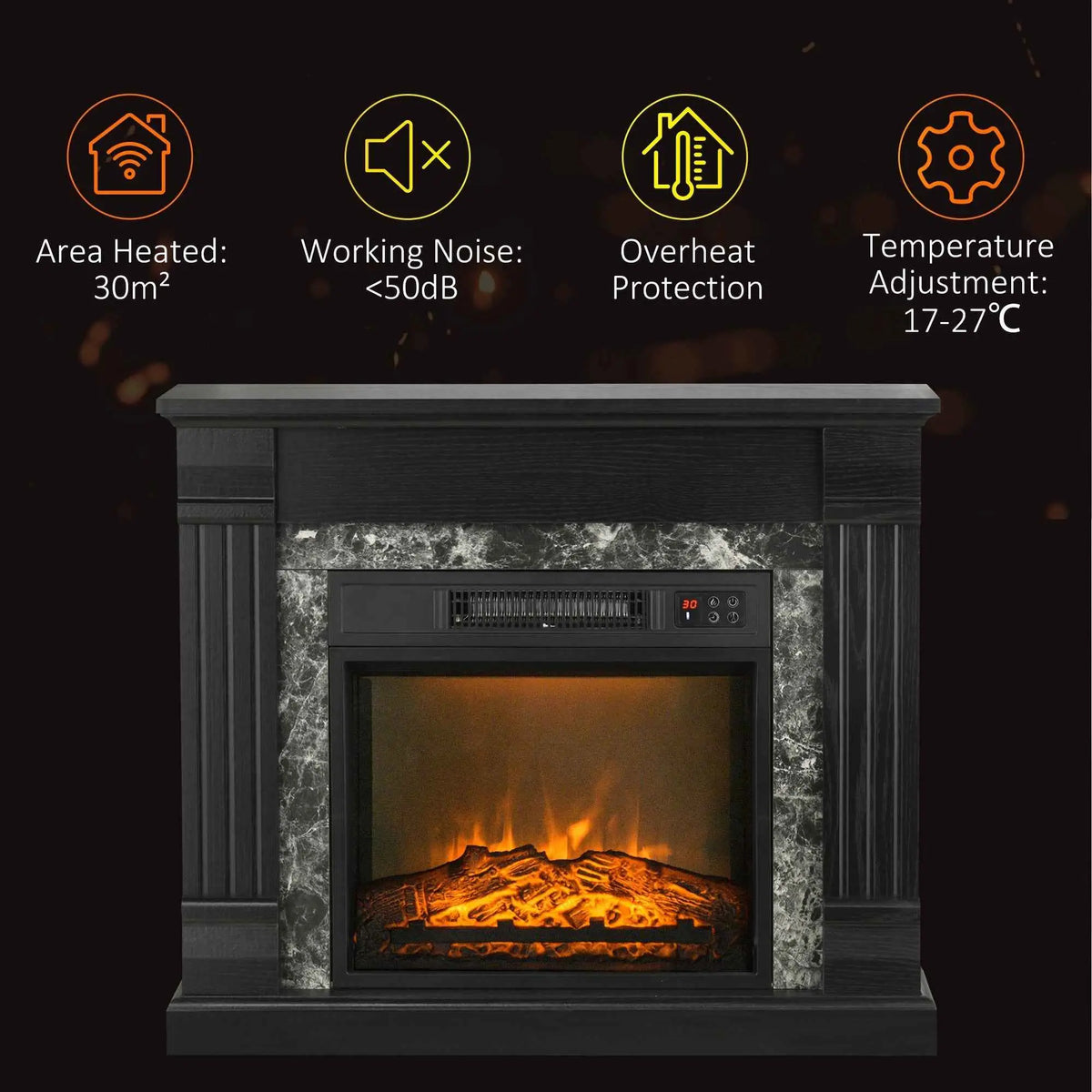 Black Easton electric fireplace heater with freestanding wood surround and overheating protection, perfect for home décor.
