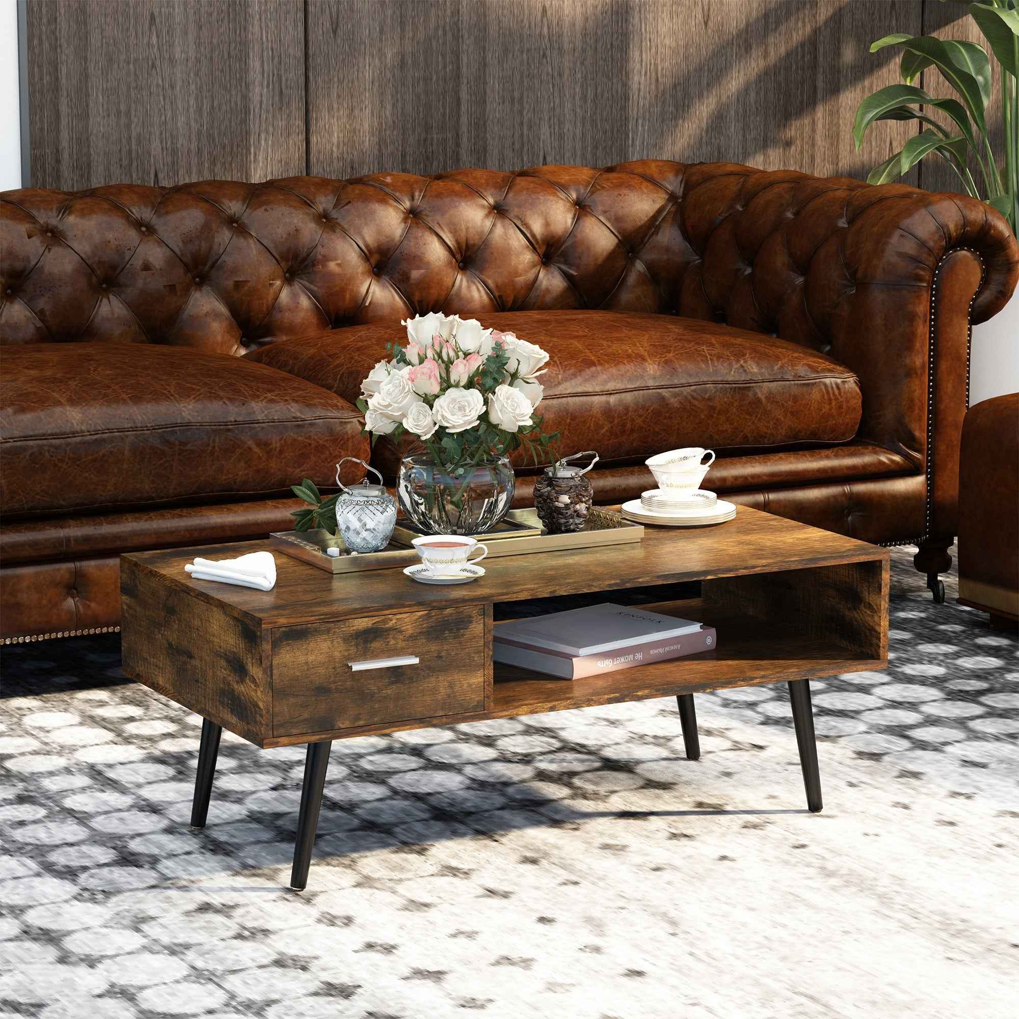 Omari Retro Coffee Table with Storage Shelf and Drawer-Rustic Brown