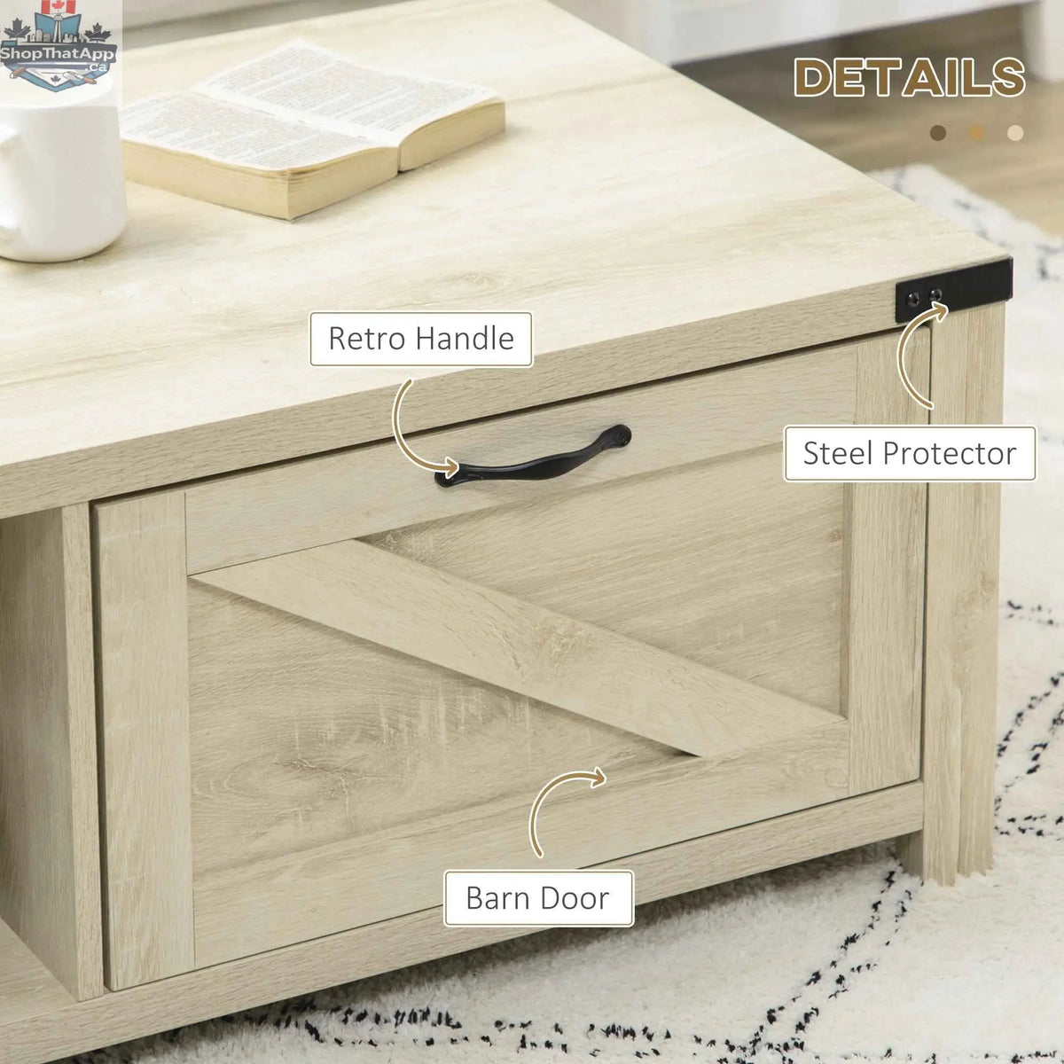 Lowen farmhouse coffee table by SLOTH Nation featuring a white oak finish, drawer, and open storage shelf.