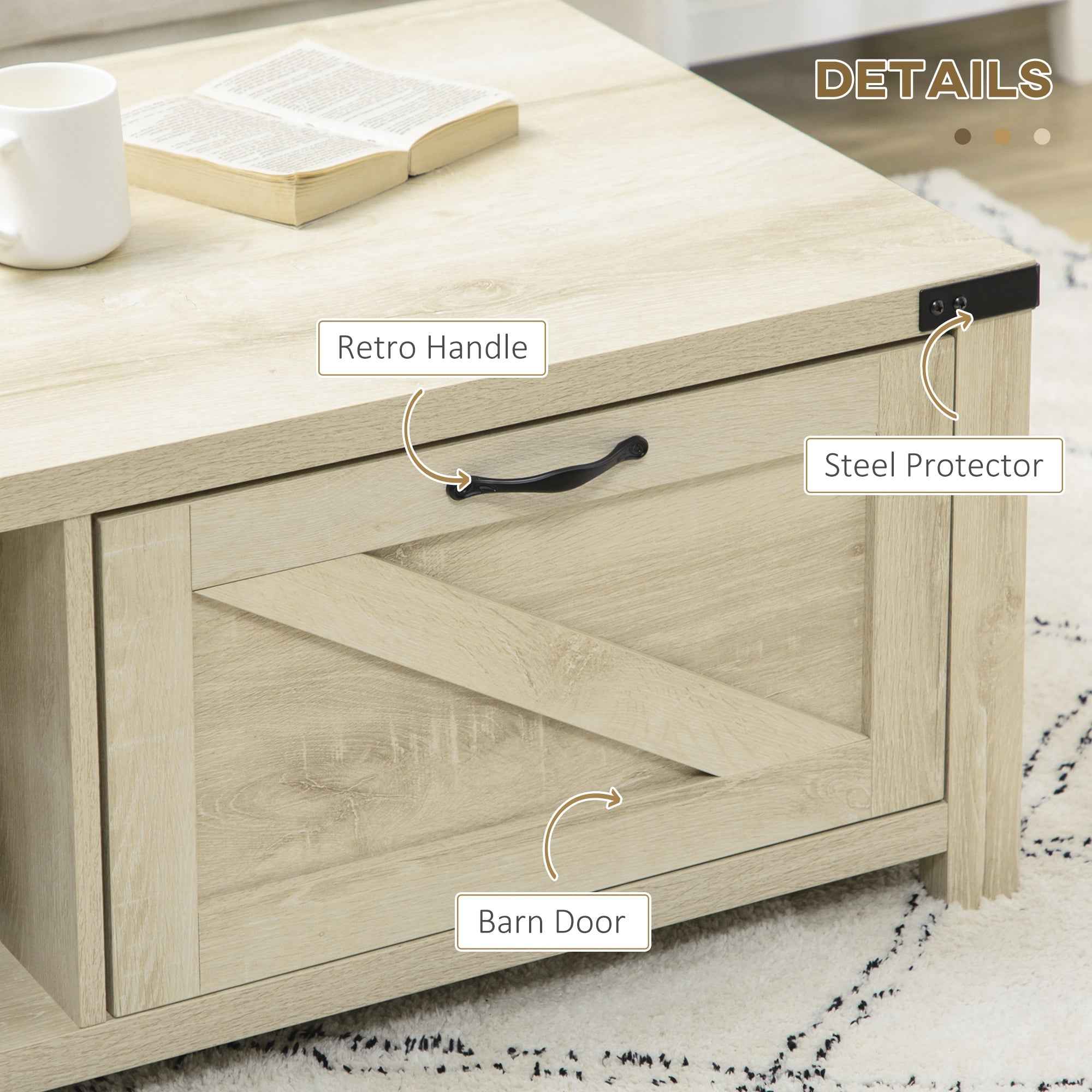 Lowen Farmhouse Coffee Table with Drawer and Open Storage Shelf-White Oak