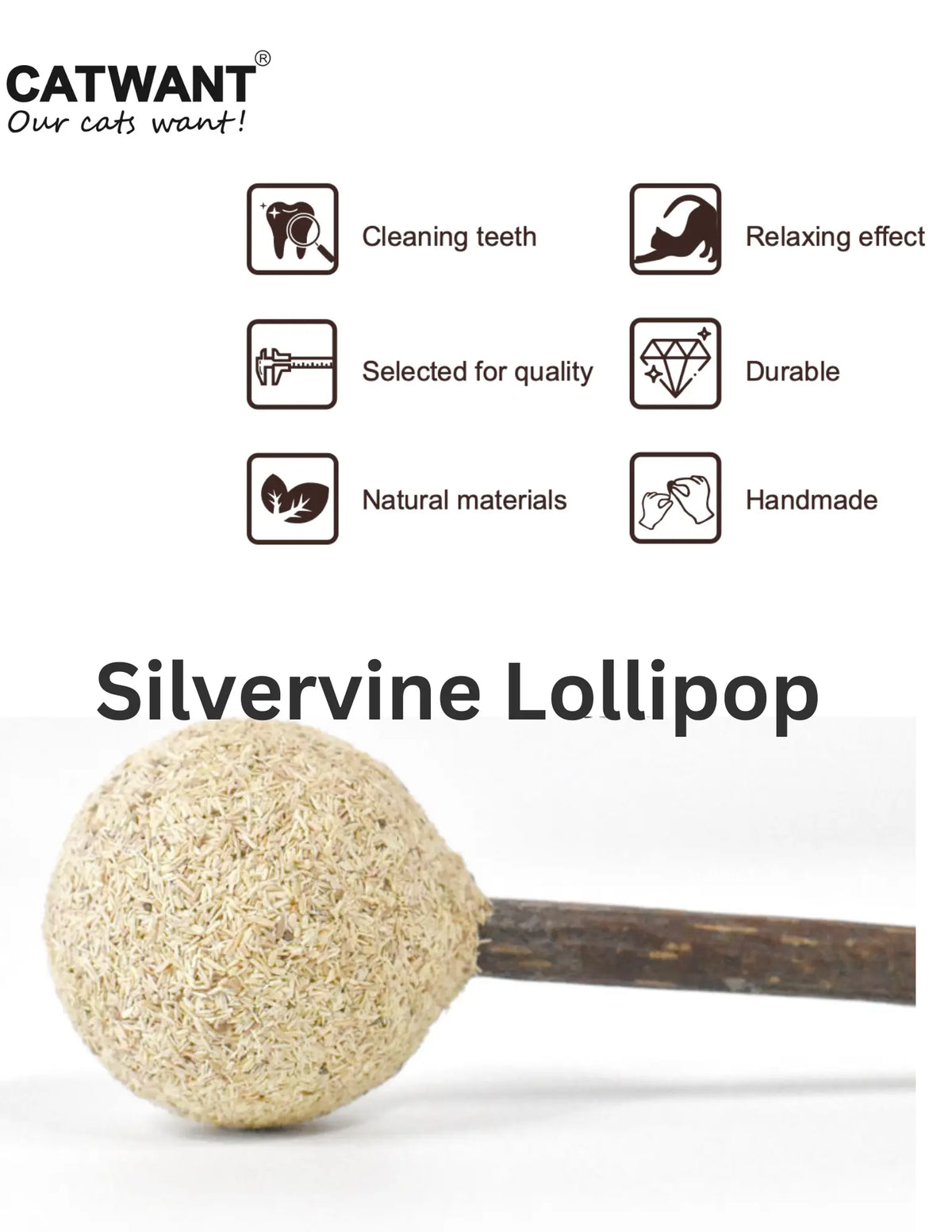 Natural Catnip Silvervine Lollipop from CATWANT, a fun and stimulating toy for cats made of fresh, natural materials.