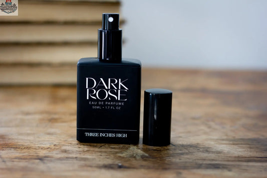 Dark Rose Eau de Parfum by Three Inches High, featuring a mystical fragrance with deep floral and woody notes.