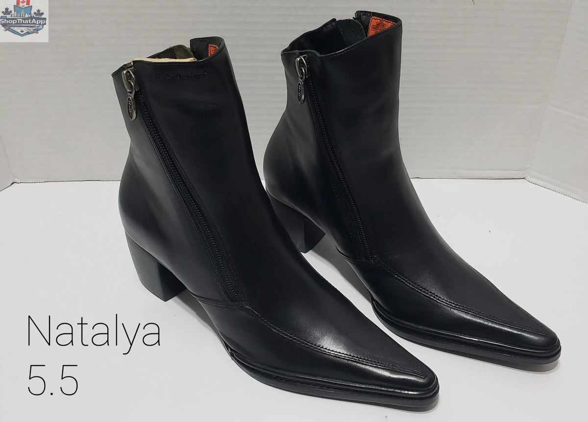 Harley-Davidson women's Natalya boots in size 5.5 by Heinrichs Co., stylish and durable black leather footwear with buckle details.