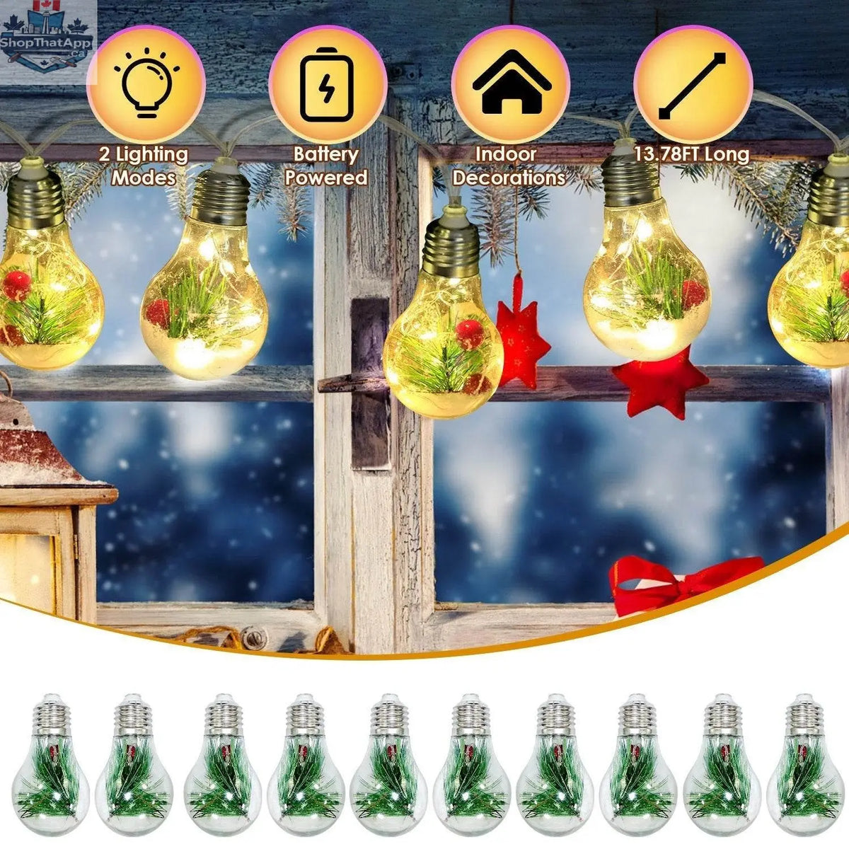 13.78FT Christmas snow globe string lights with 10 LED bulbs, pine needles, snowflakes, berries, and ultrasonic rodent repellent.