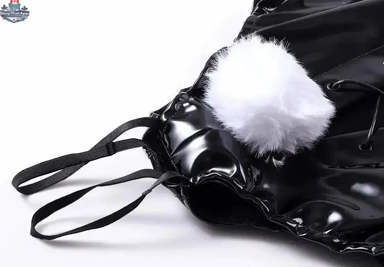 MRJCOS PU leather bunny cosplay costume with strapless design and open crotch, featuring a sexy, playful look for themed dress-up.