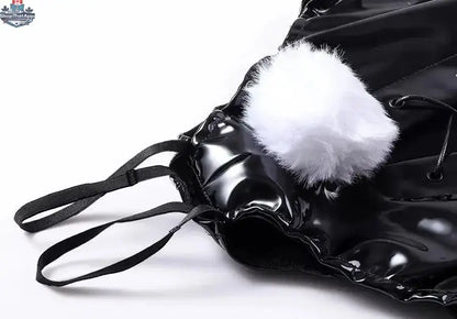 MRJCOS PU leather bunny cosplay costume with strapless design and open crotch, featuring a sexy, playful look for themed dress-up.