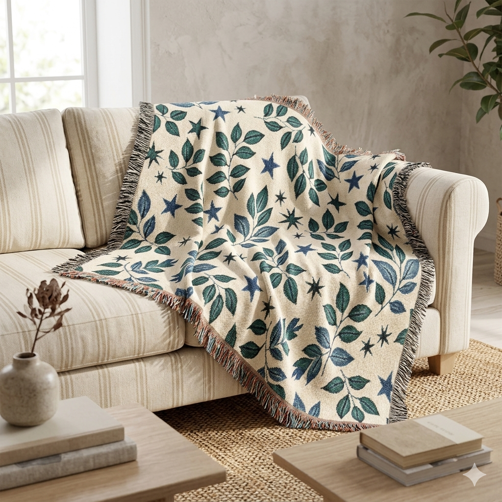 Botanical Star Woven Blanket — Reversible Leaf & Star Pattern Throw