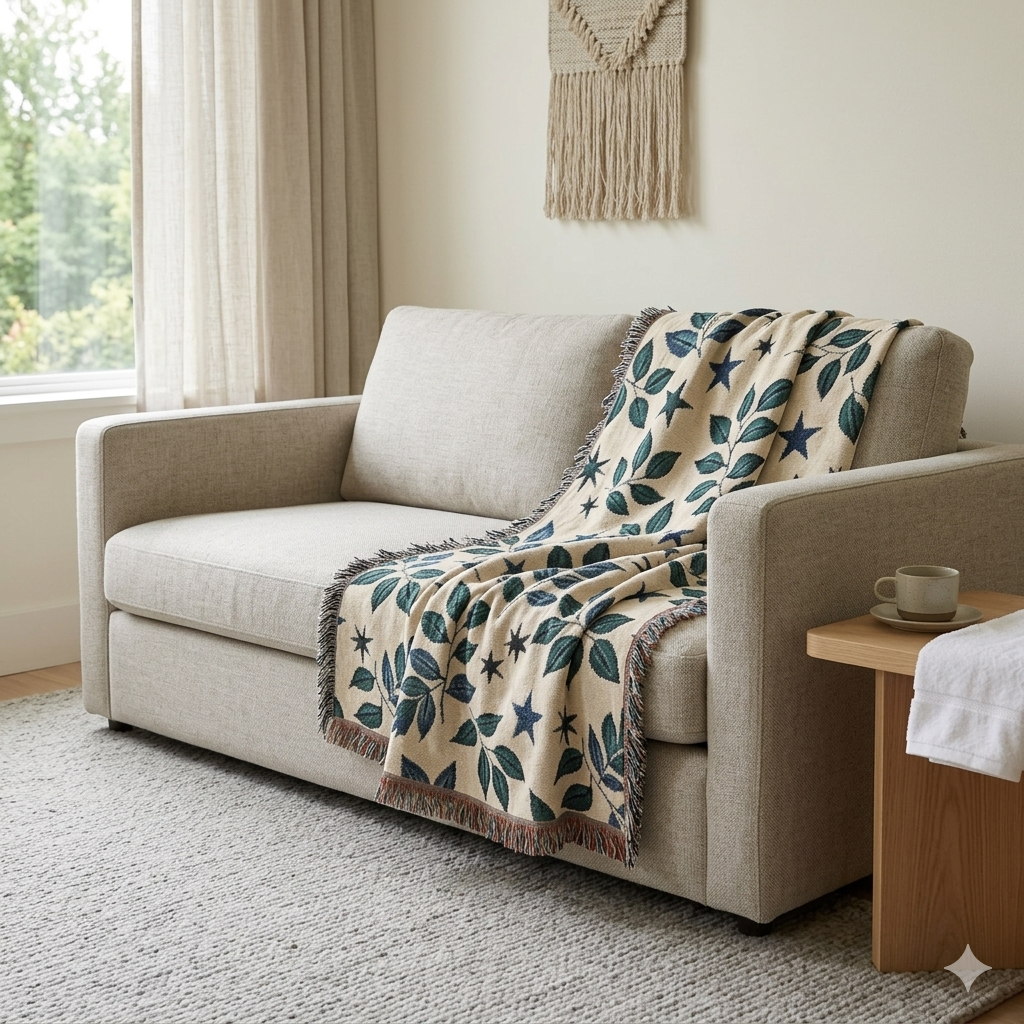 Botanical Star Woven Blanket — Reversible Leaf & Star Pattern Throw