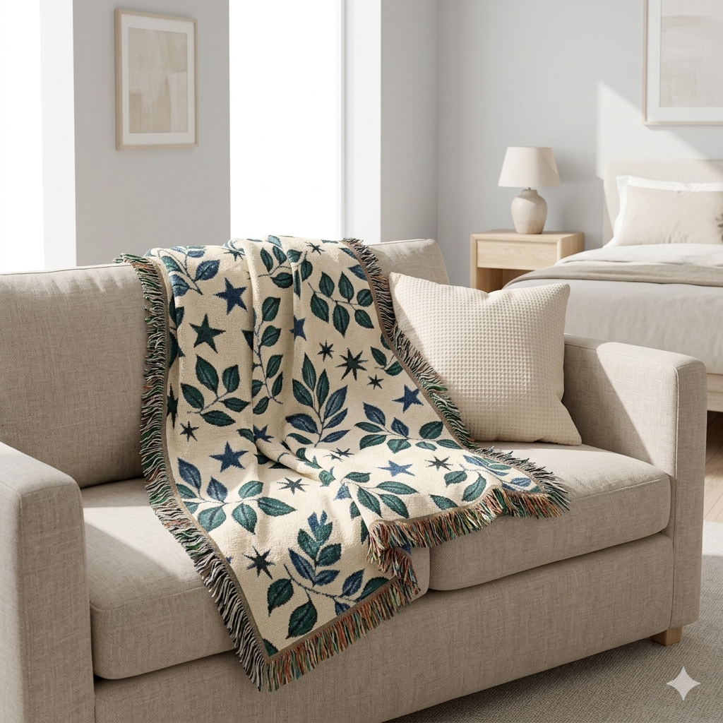 Botanical Star Woven Blanket — Reversible Leaf & Star Pattern Throw