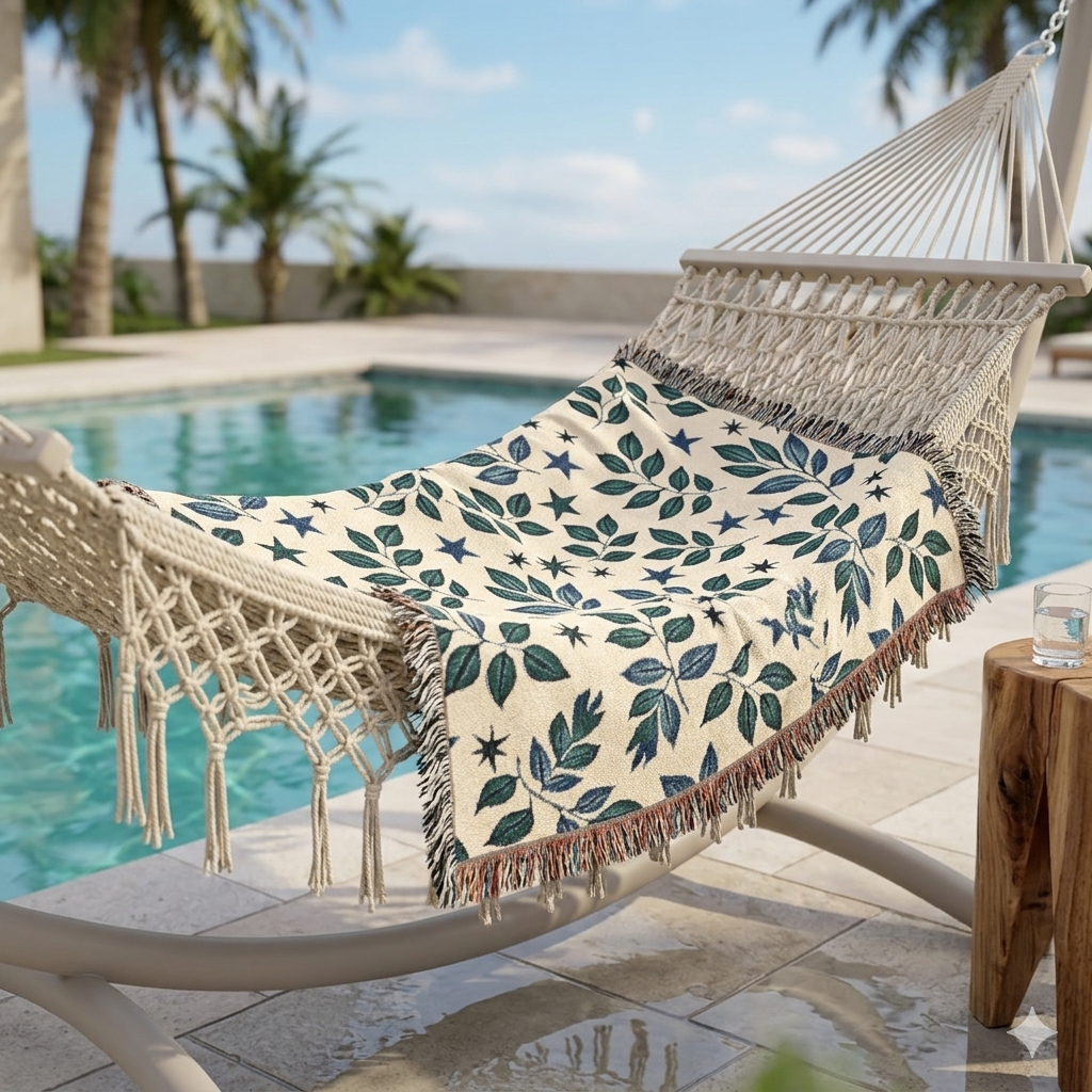 Botanical Star Woven Blanket — Reversible Leaf & Star Pattern Throw