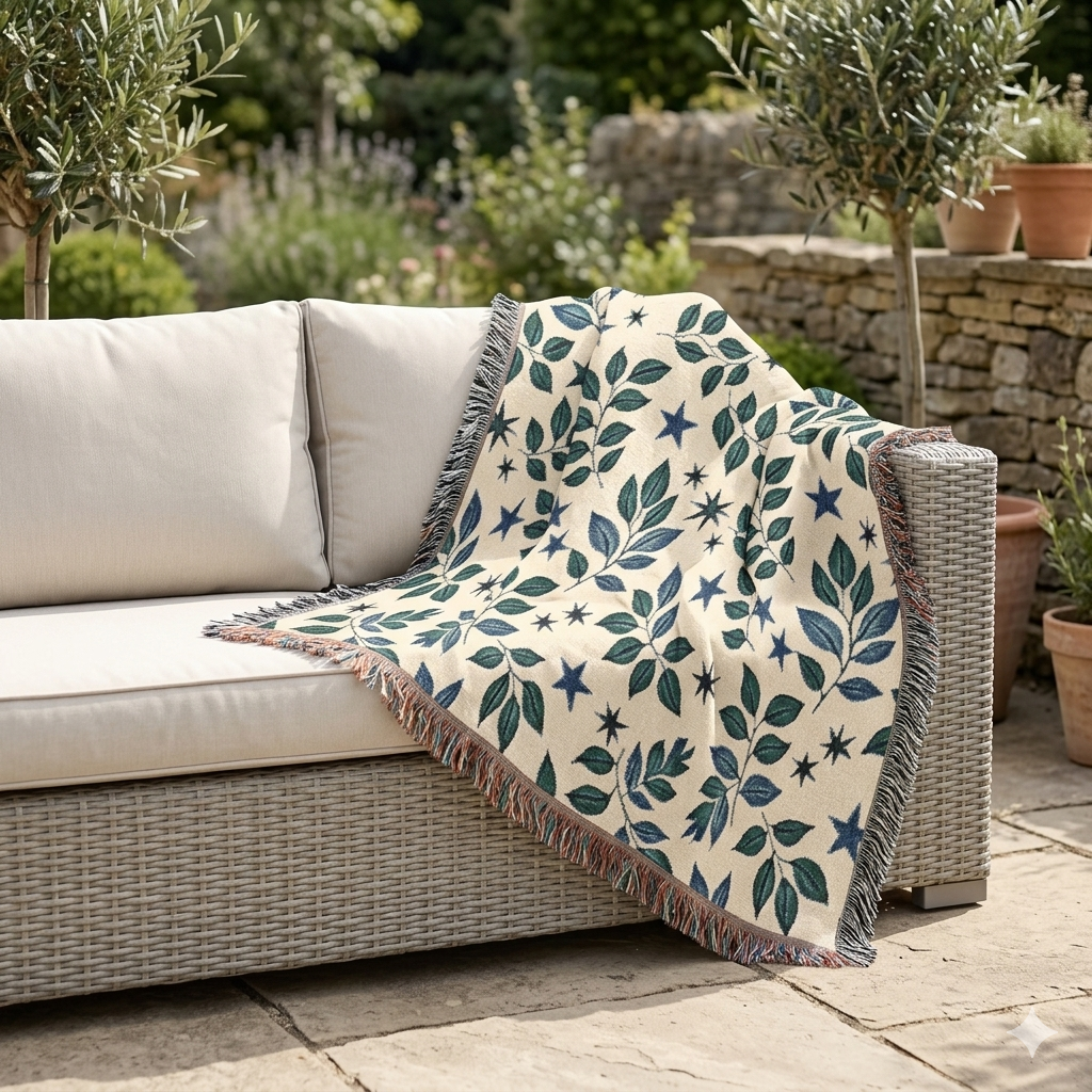 Botanical Star Woven Blanket — Reversible Leaf & Star Pattern Throw