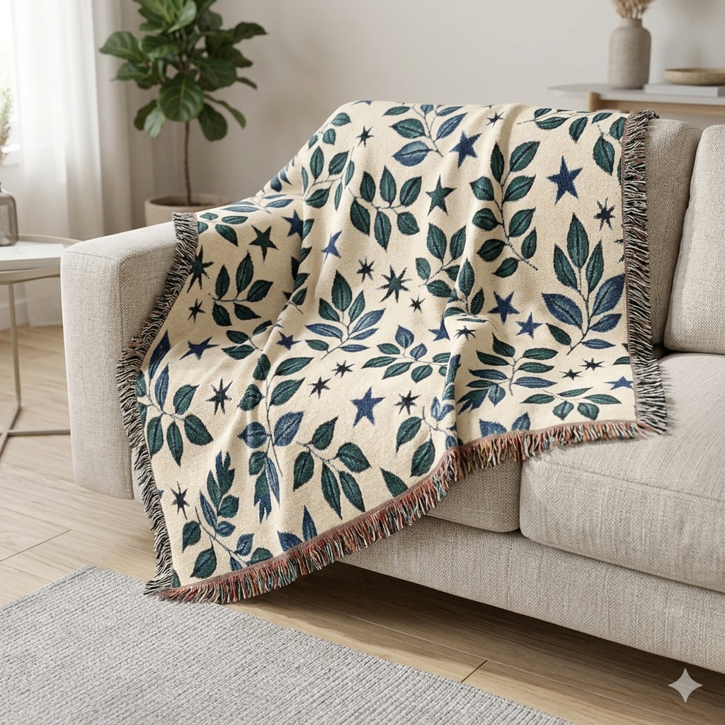 Botanical Star Woven Blanket — Reversible Leaf & Star Pattern Throw