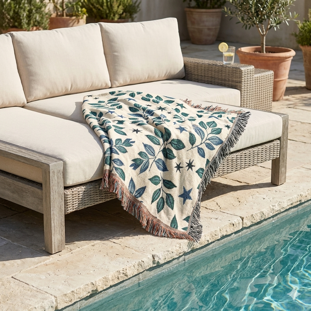 Botanical Star Woven Blanket — Reversible Leaf & Star Pattern Throw