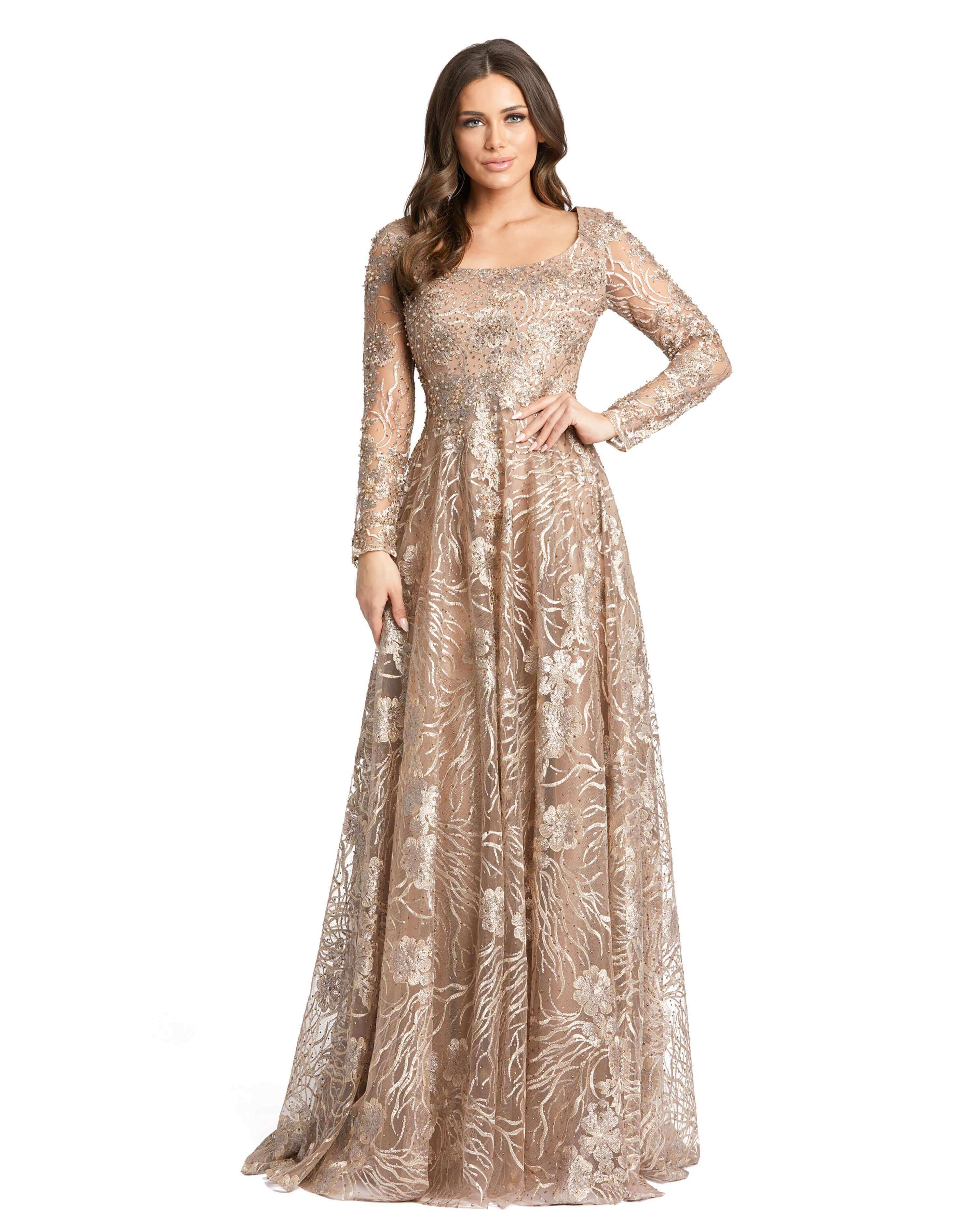 Floral Embroidered Long Sleeve Square Neck Gown - Www.Shopthatapp.ca