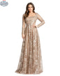 Elegant Threads floral embroidered evening gown with long sleeves and square neckline in vintage gold.
