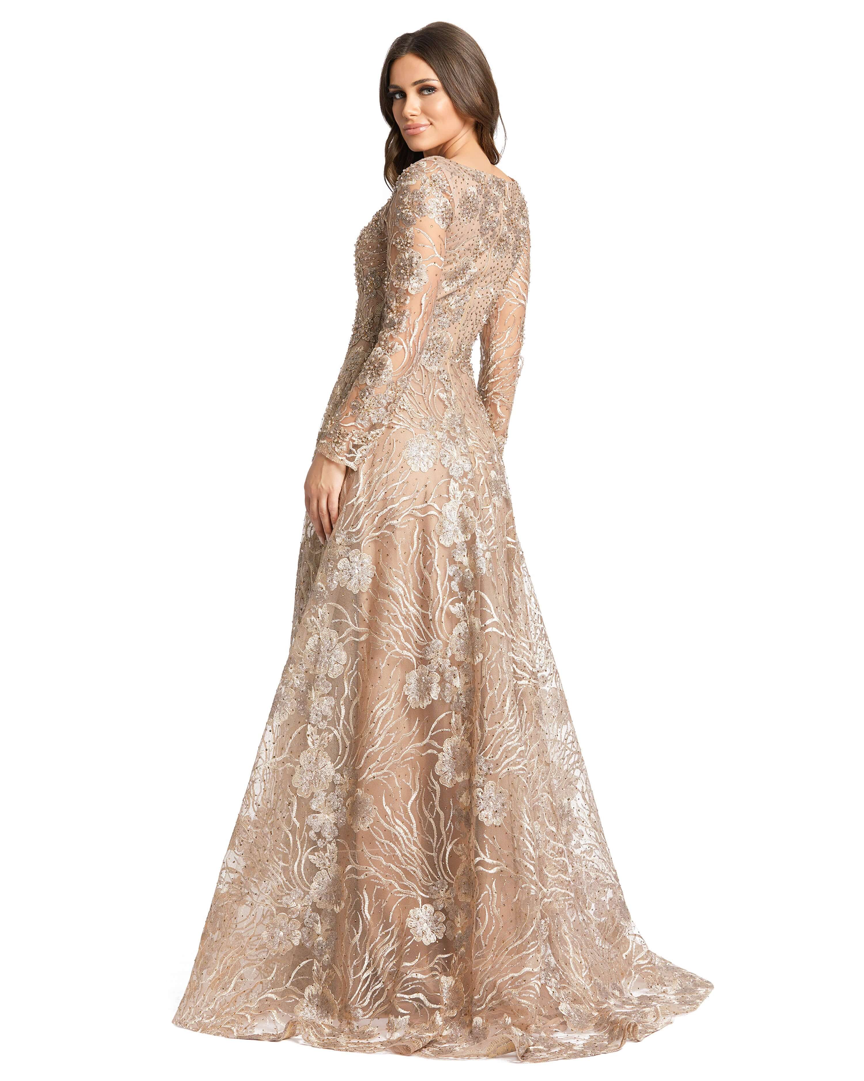 Floral Embroidered Long Sleeve Square Neck Gown - Www.Shopthatapp.ca