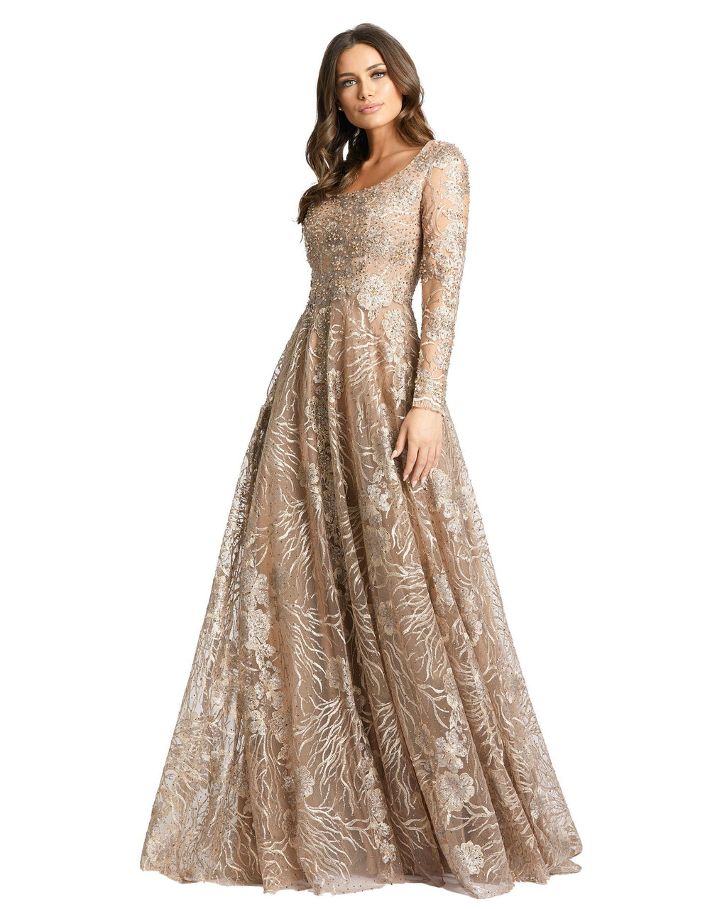 Floral Embroidered Long Sleeve Square Neck Gown - Www.Shopthatapp.ca