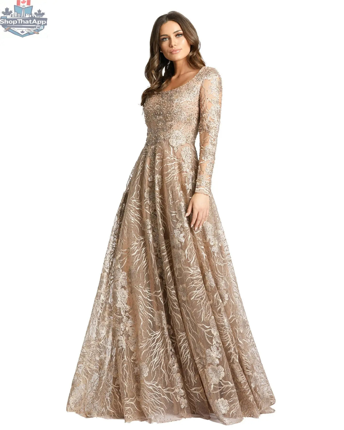 Elegant Threads floral embroidered evening gown with long sleeves and square neckline, featuring intricate gold embroidery.