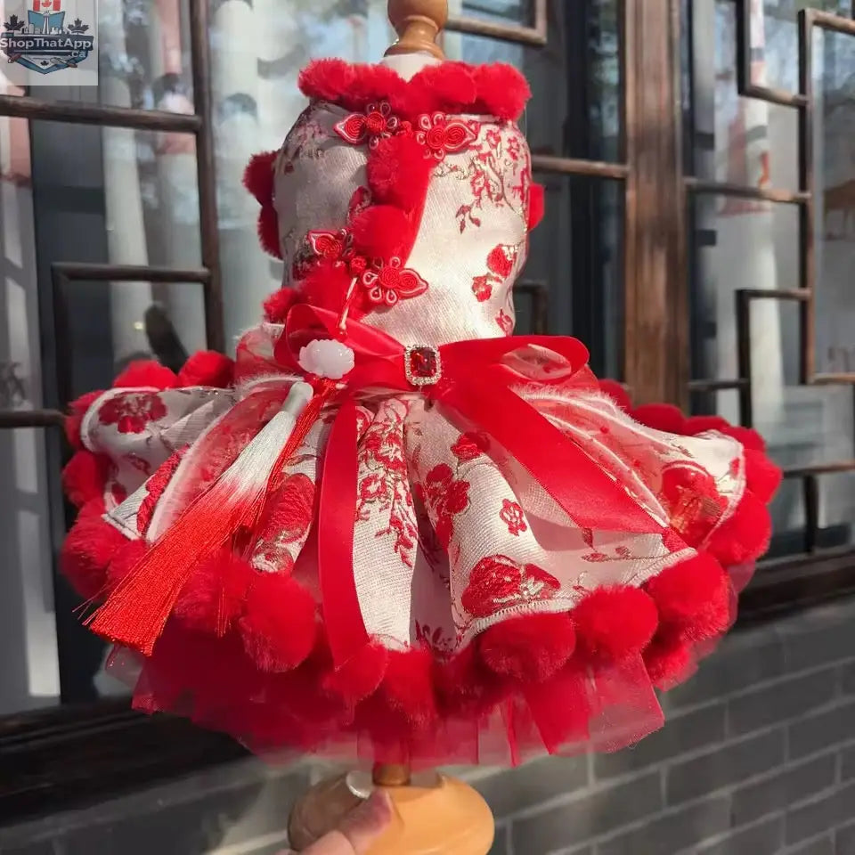 Lucky Bloom Chinese New Year Dog Dress | Red & Gold Pom-Trim Cheongsam Style - Shopthatapp.ca
