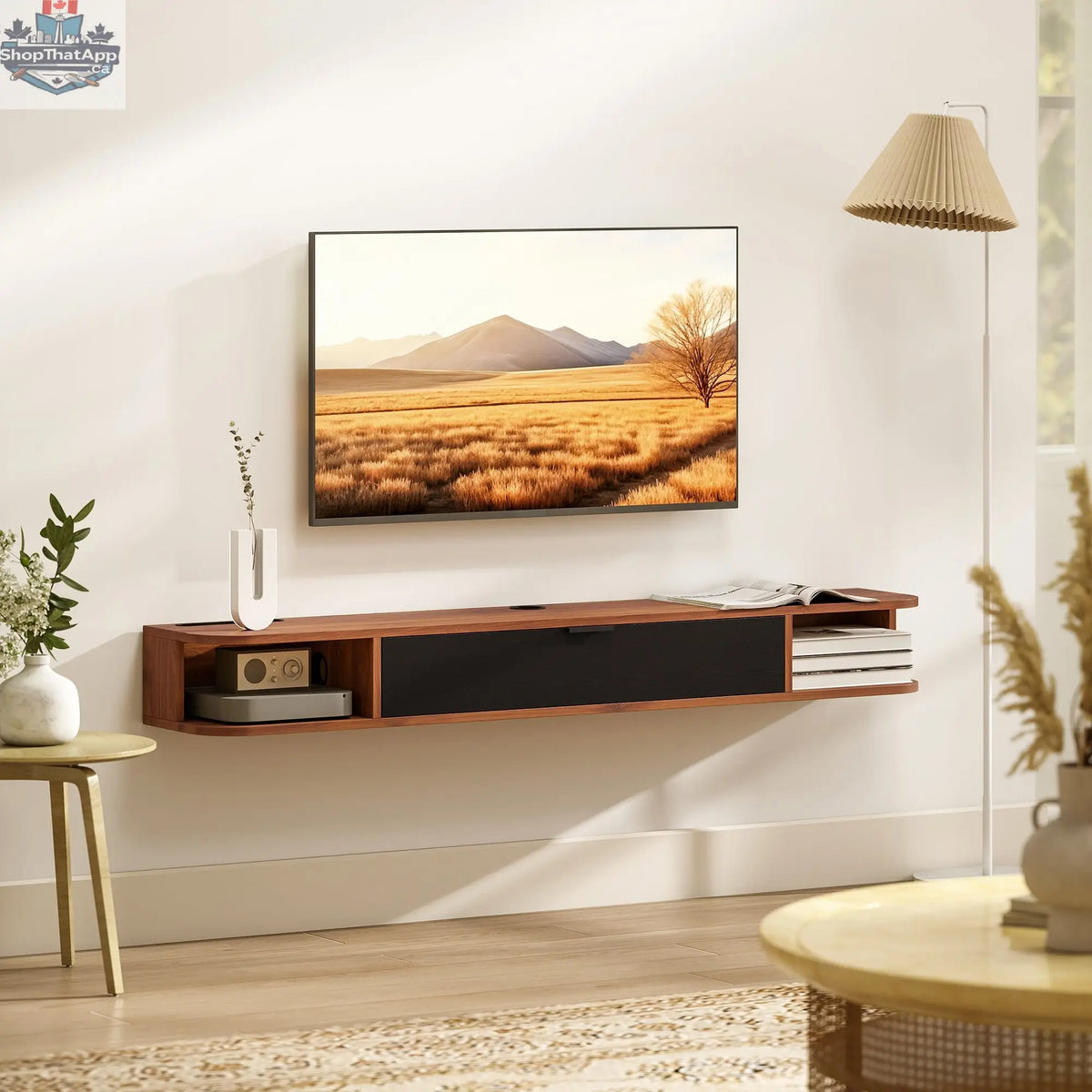 Lennox 55" Floating TV Stand for TVs up to 65" with Flip Drawer-Walnut - Shopthatapp.ca