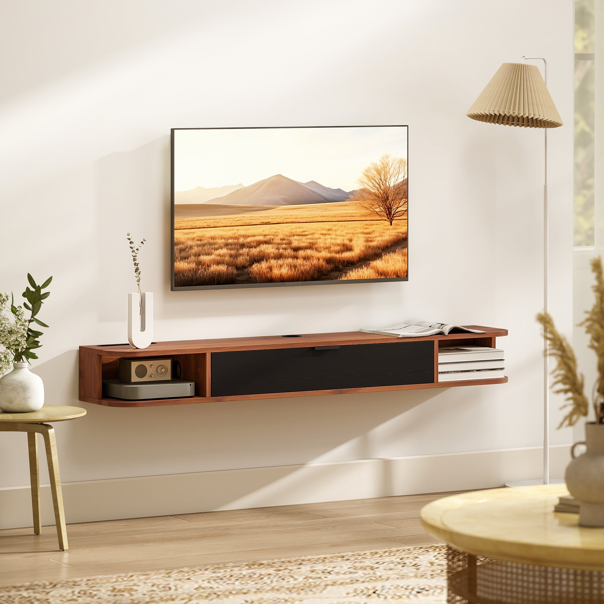 Lennox 55" Floating TV Stand for TVs up to 65" with Flip Drawer-Walnut
