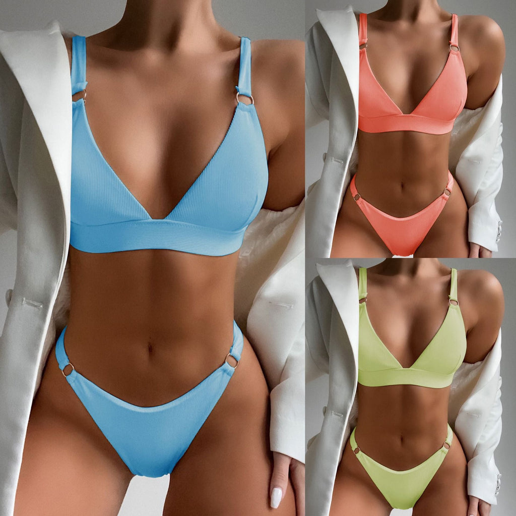 2pcs Bikini Swimsuit Set Solid Color Small Circle Triangle Design - Shopthatapp.ca