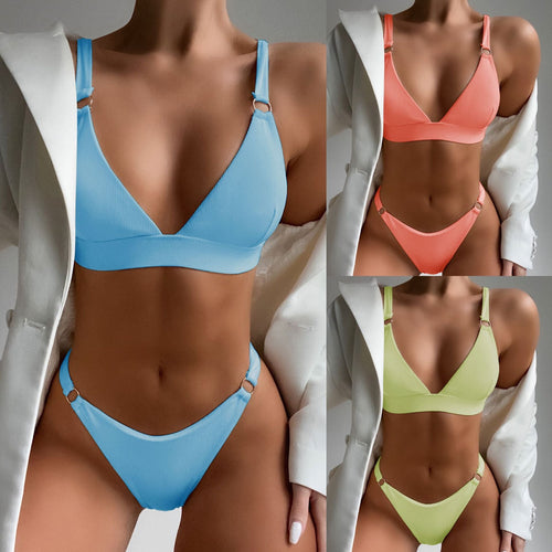 2pcs Bikini Swimsuit Set Solid Color Small Circle Triangle Design - Shopthatapp.ca