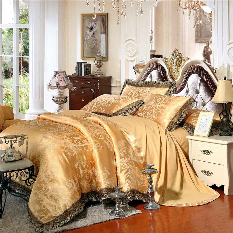 Jacquard Cotton Four‑Piece Luxury Bedding Set – Pure Cotton Duvet Cover &amp; Silk‑Satin Finish Bed Sheet