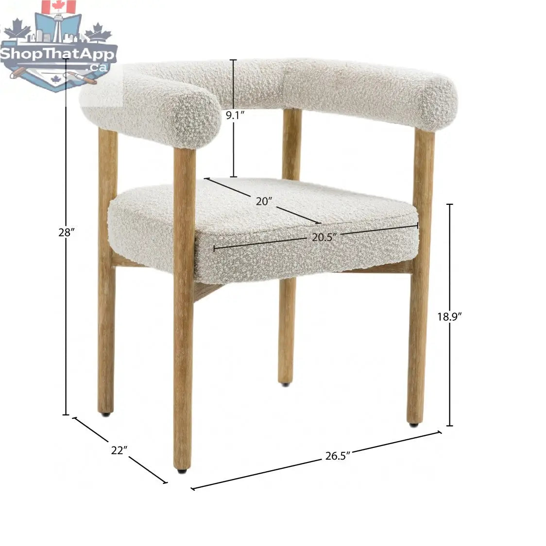 Cream Svea Boucle Dining Chair by Hygge Design House with plush boucle upholstery and wooden legs, modern and comfortable dining chair.