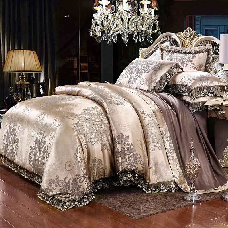 Jacquard Cotton Four‑Piece Luxury Bedding Set – Pure Cotton Duvet Cover &amp; Silk‑Satin Finish Bed Sheet