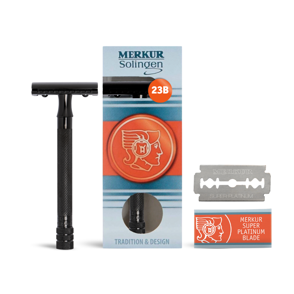 Merkur 23B Safety Razor - 3-Piece DE Razor, Closed Comb, Knurled Long Handle, Black