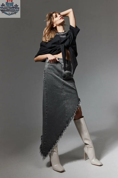 Asymmetric Frayed Denim Skirt - Shopthatapp.ca