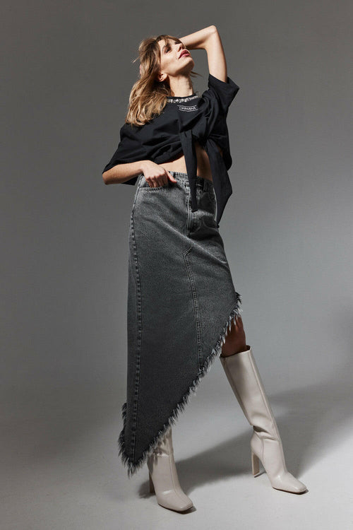 Asymmetric Frayed Denim Skirt - Shopthatapp.ca