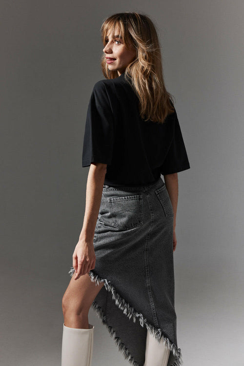 Asymmetric Frayed Denim Skirt - Shopthatapp.ca