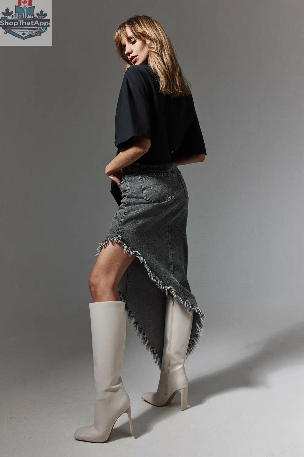 Asymmetric Frayed Denim Skirt - Shopthatapp.ca